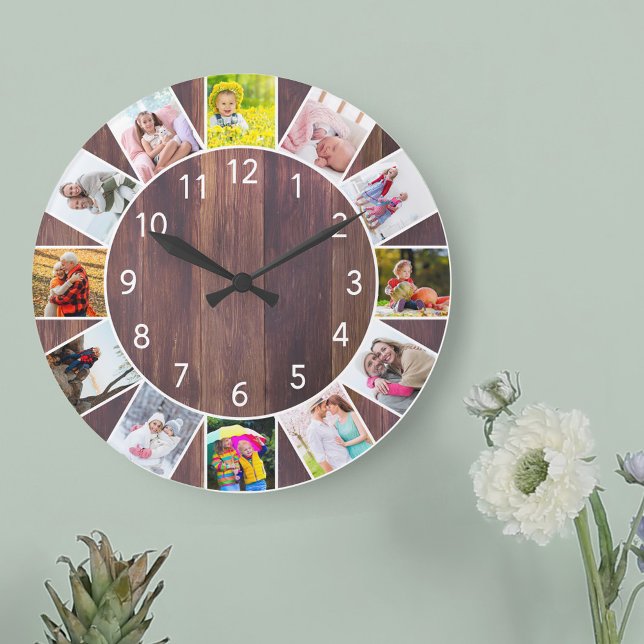 Custom 12 Photo Collage Warm Wood Round Large Clock (Photo clock with 12 photos, one at each hour. Great design for your home or a thoughtful photo gift.)