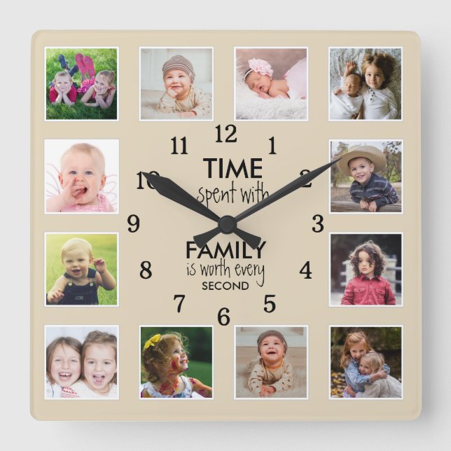 Custom 12 Photo Template Time With Family Quote Square Wall Clock (Front)