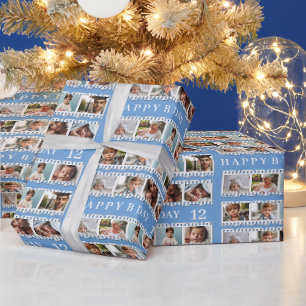Custom 12 Photos Film Strip Blue Kids Adults B-day Wrapping Paper