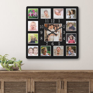Custom 13 Family Photo Collage Keepsake Black Square Wall Clock
