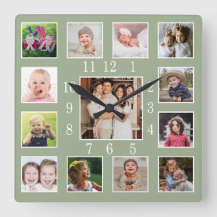 Custom 13 Family Photo Collage Keepsake Sage Green Square Wall Clock