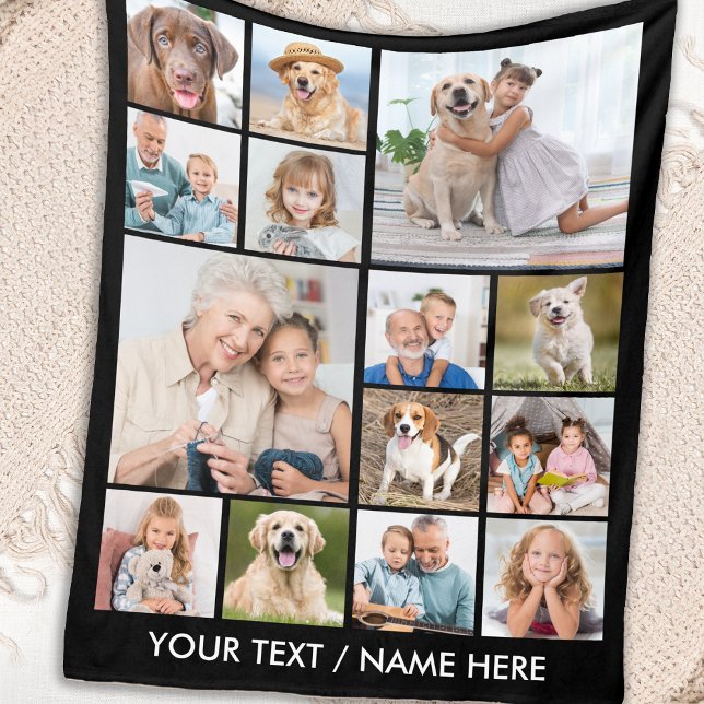Custom 14 Photo Collage Personalised Black Fleece Blanket (Creator Uploaded)