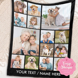 Custom 14 Photo Collage Personalized Black Sherpa Blanket