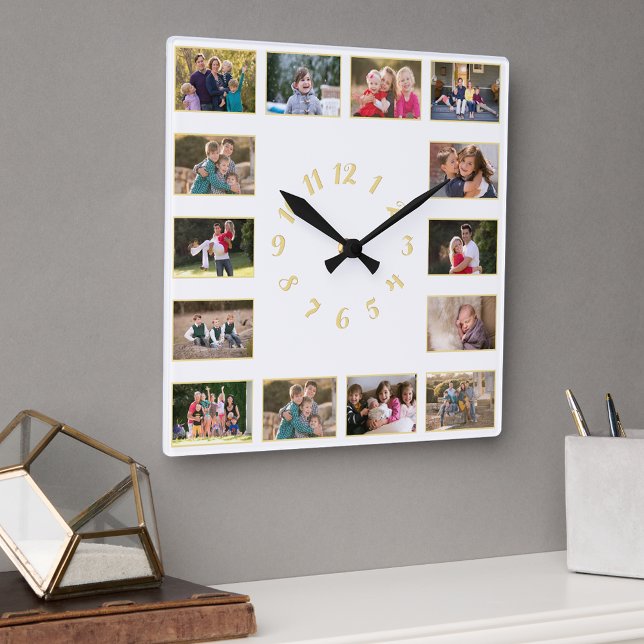 Custom 14 Photo Collage Wedding Anniversary Family Square Wall Clock (Custom 14 Photo Collage Wedding Anniversary Family Square Wall Clock)