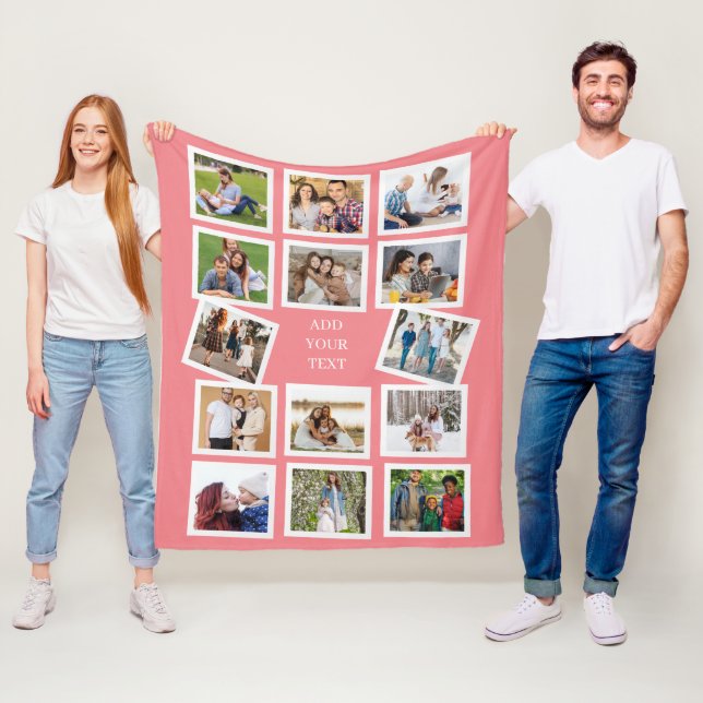 Custom 14 Photo Collage with custom text Fleece Blanket (In Situ)
