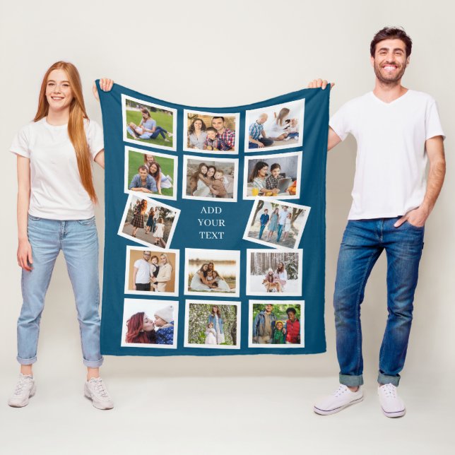 Custom 14 Photo Collage with custom text Fleece Blanket (In Situ)