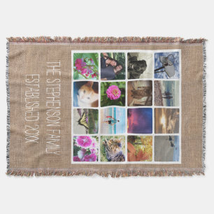Custom 16 Photo Collage Burlap-Look Mosaic Picture Throw Blanket
