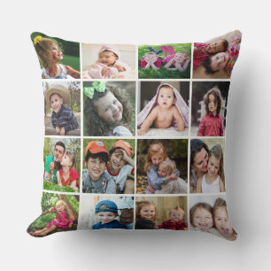 Custom 16 Photo Collage Family Quote Rustic Wood Cushion