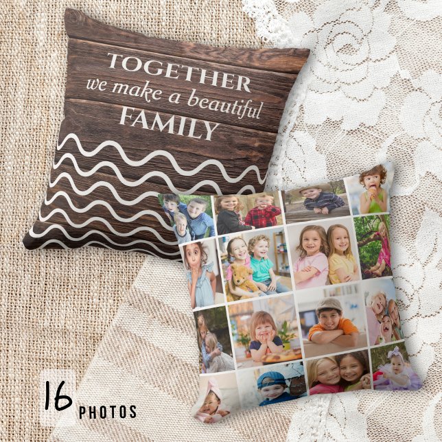 Custom 16 Photo Collage Family Quote Rustic Wood Cushion (Creator Uploaded)