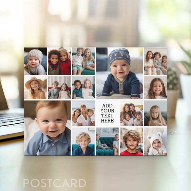 Custom 17 Photo Collage - Black - white text Postcard (Photo Postcard - Customize with your favorite photos)