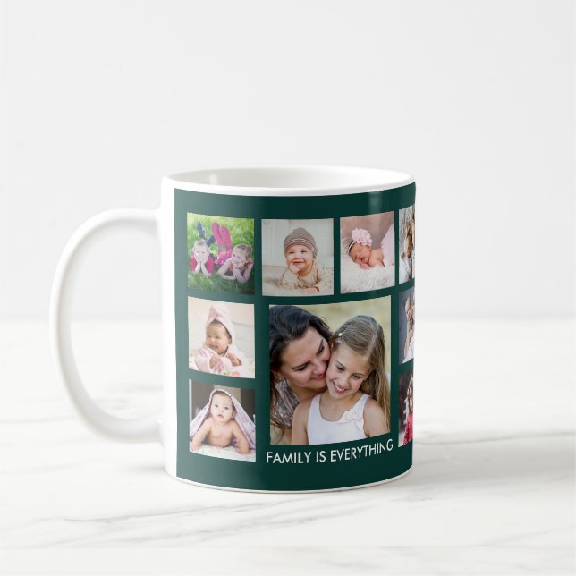 Custom 18 Family Photo Collage Emerald Green Coffee Mug (Left)
