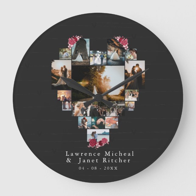 Custom 18 Heart shaped Photo Collage couples gifts Large Clock (Front)