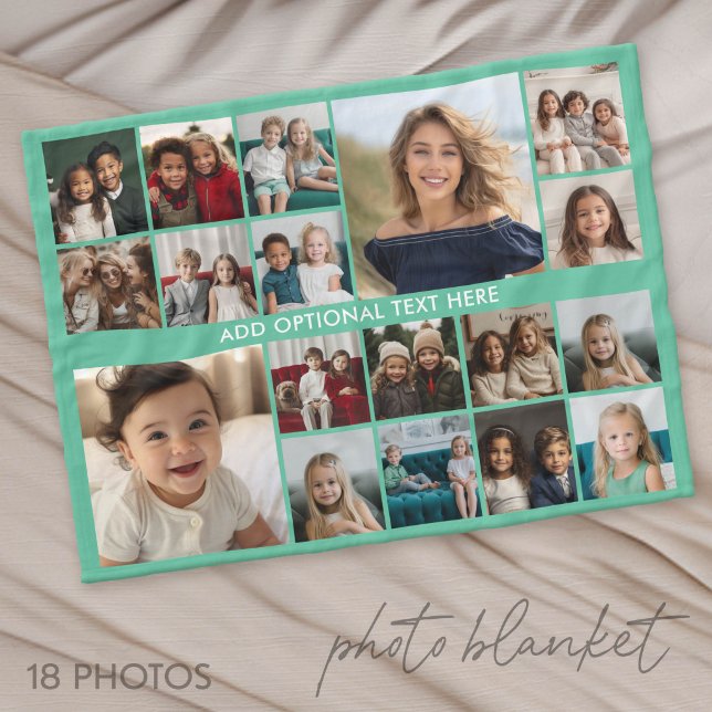 Custom 18 Photo Collage - green - white text Fleece Blanket (Photo Blanket - Customize with your favorite pictures)