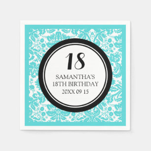 Custom 18th Birthday Napkin Aqua Black Damask