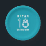 Custom 18th Year Birthday Custom Colour V14M Paper Plate<br><div class="desc">Custom 18th Year Birthday Custom Colour V14M AQUA BLUE and WHITE. Create Your Own Custom Paper Plate! You can change the background colour or the text colours for a different look. Personalise with a name, monogram, or sentiment, or add a photo. You can delete the existing image and/or text fields...</div>