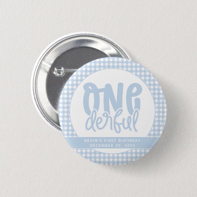 Custom 1st Birthday Cute Pastel Blue Onederful 6 Cm Round Badge (Front & Back)