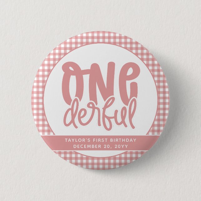 Custom 1st Birthday Cute Pastel Pink Onederful 6 Cm Round Badge (Front)