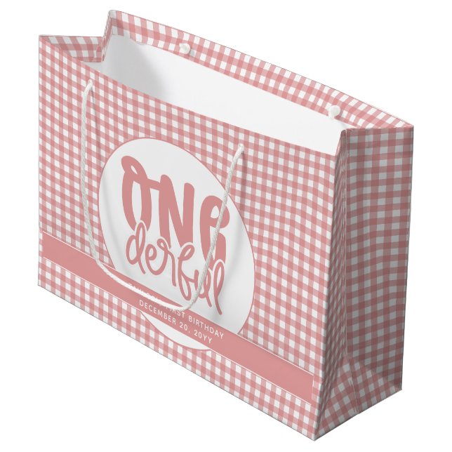 Custom 1st Birthday Cute Pastel Pink Onederful Large Gift Bag (Front Angled)