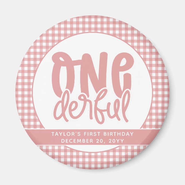 Custom 1st Birthday Cute Pastel Pink Onederful Magnet (Front)