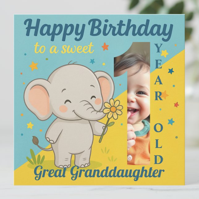Custom 1st Birthday Elephant Sweet Your Photo Card (Creator Uploaded)
