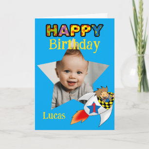 Custom 1st Birthday Rocket Photo boy Card