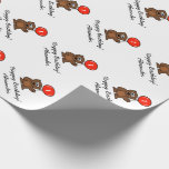 Custom 1st Birthday teddy bear wrapping paper<br><div class="desc">Personalised 1st Birthday teddy bear wrapping paper for kids. Cute animal bird cartoon design with customisable name of child / grandchild. Funny teddybear toy with red party balloon. Custom gift wrap for little baby boy or girl. Make your own for grand son, daughter, grandson, granddaughter, and other relatives. Customisable background...</div>