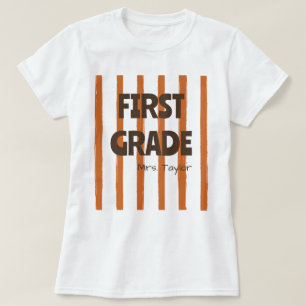 Custom 1st Grade School Stripes Teacher Name Brown T-Shirt