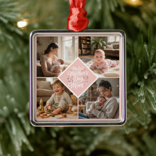 Custom 1st Mother's Day Photo Collage Pink Floral Metal Tree Decoration