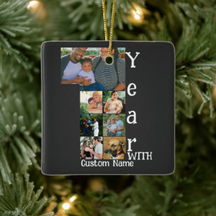 Custom 1st wedding anniversary 7 photo collage ceramic ornament