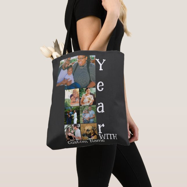 Custom 1st wedding anniversary 7 photo collage tote bag (Close Up)