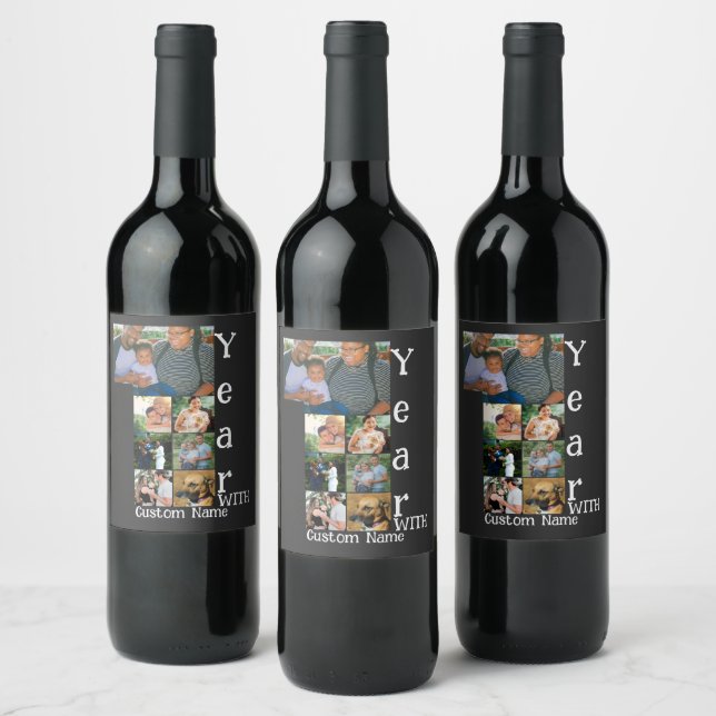 Custom 1st wedding anniversary 7 photo collage wine label (Bottles)