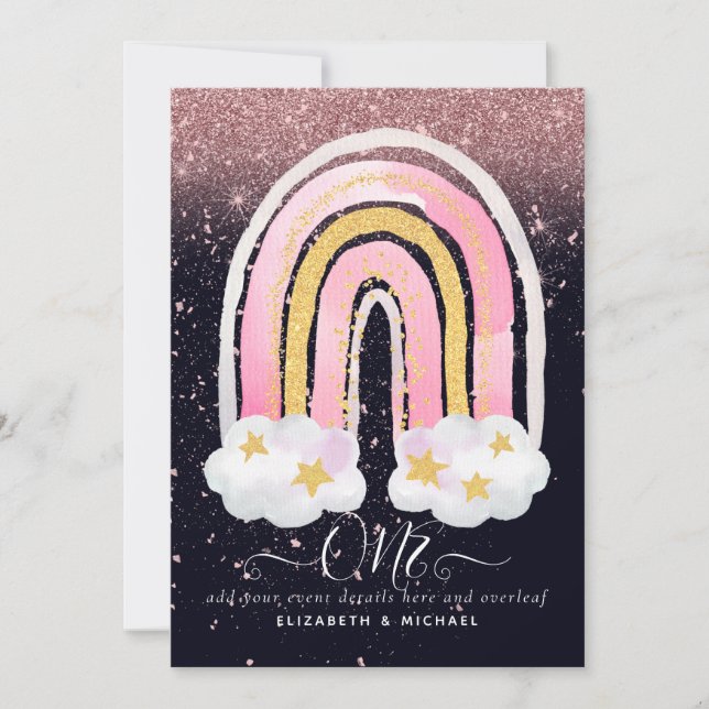 CUSTOM 1stBIRTHDAY Girly PInk Gold Glitter Rainbow (Front)