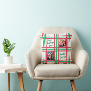 Custom 2025 Red Green Plaid Family Photo Cushion