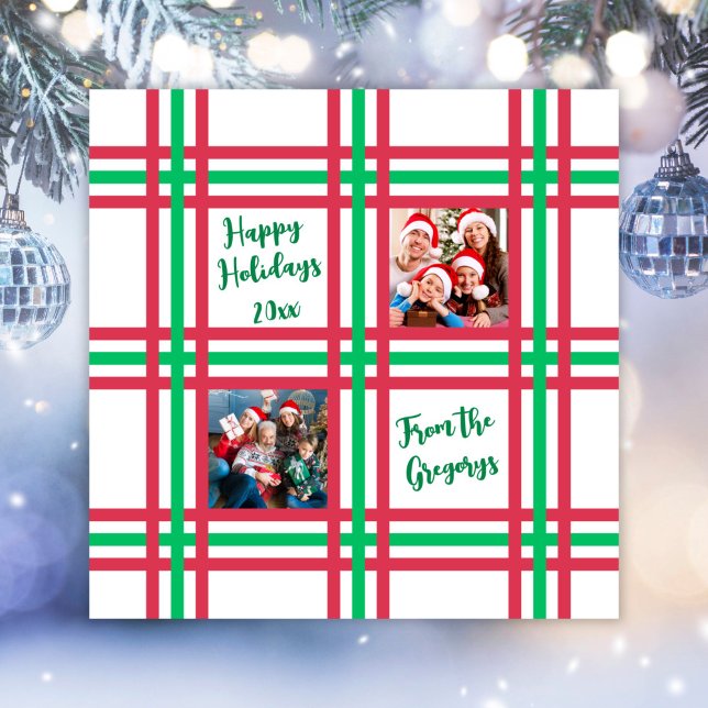 Custom 2025 Red Green Plaid Family Photo  Holiday Card (Creator Uploaded)
