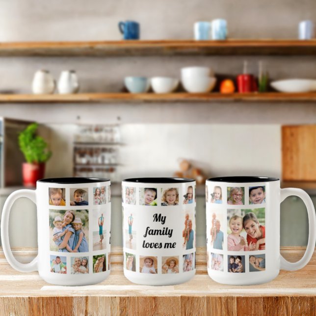 Custom 20 Family Photo Collage Family Loves Me Two-Tone Coffee Mug (Custom "My family loves me" photo mug.)