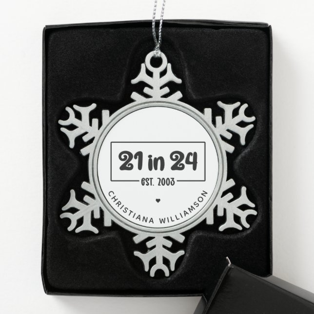 Custom 21st Birthday 21 in 24 Est 2003 Birthday Snowflake Pewter Christmas Ornament (Box)
