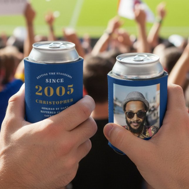 Custom 21st Birthday Blue Gold With Photo Can Cooler (21st birthday can cooler front and rear.)