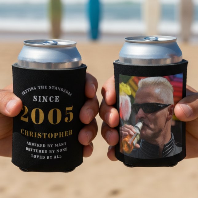 Custom 21st Birthday Can Cooler with Name & Photo (2005 can cooler personalized with name and photo and a beach background.)