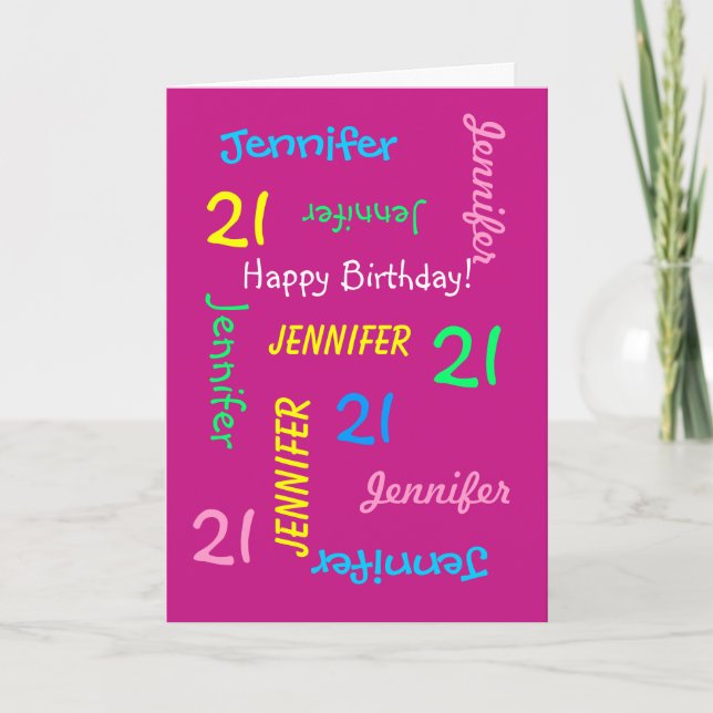 Custom 21st Birthday Card Any Name, Pink, Fun (Front)
