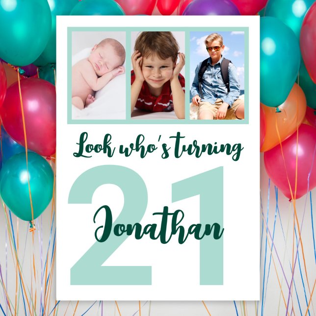 Custom 21st Birthday Green Script Photo Collage Invitation (Creator Uploaded)