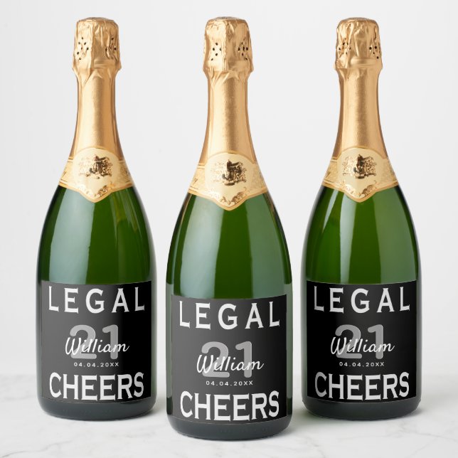 Custom 21st birthday party legal black white sparkling wine label (Bottles)