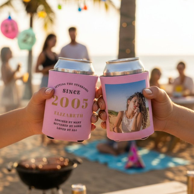 Custom 21st Birthday Pink Gold With Photo Can Cooler (Two 21st Birthday pink can coolers showing front and rear with a beach background.)