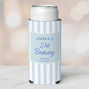 Custom 21st Birthday Preppy Blue Striped Party Seltzer Can Cooler
