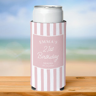 Custom 21st Birthday Preppy Pink Striped Party Seltzer Can Cooler