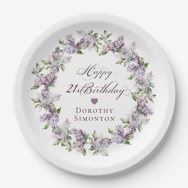 Custom 21st Birthday Purple Lilac Spring Flower Paper Plate (Front)