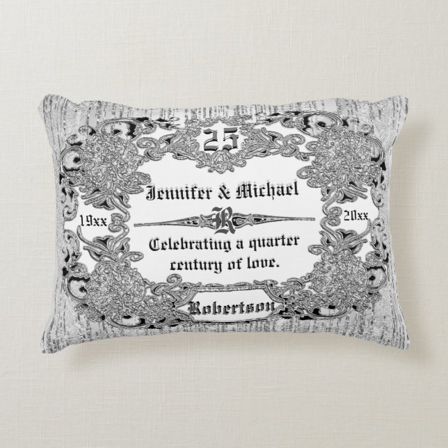Custom 25th Silver Anniversary Monogram Decorative Cushion (Front)