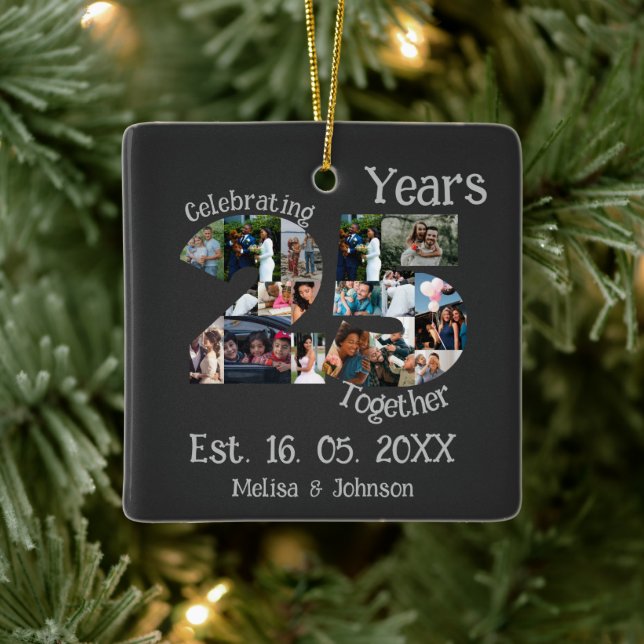 Custom 25th wedding anniversary photo collage ceramic ornament (Tree)