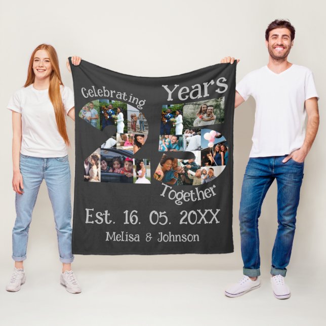 Custom 25th wedding anniversary photo collage fleece blanket (In Situ)