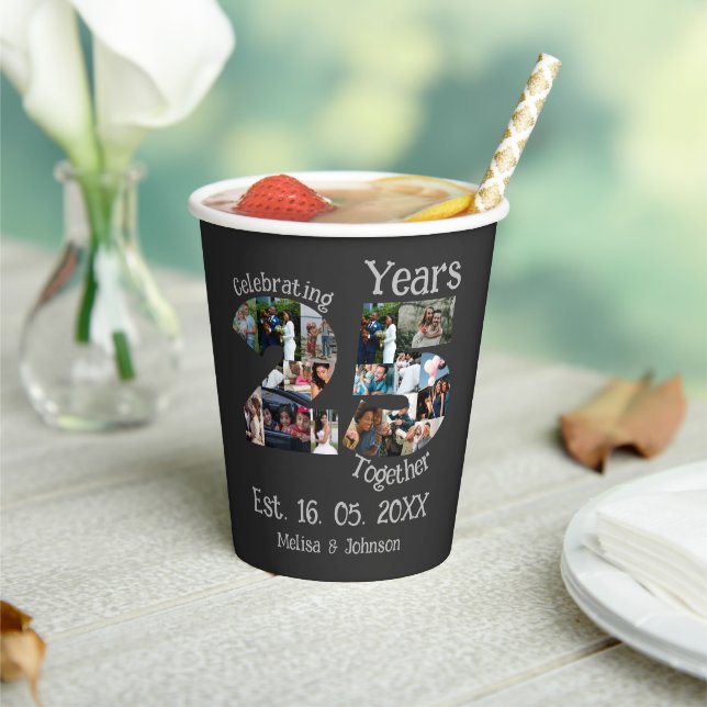 Custom 25th wedding anniversary photo collage paper cups (Insitu)