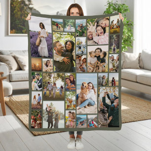 Custom 28 Photo Collage Olive Green Fleece Blanket